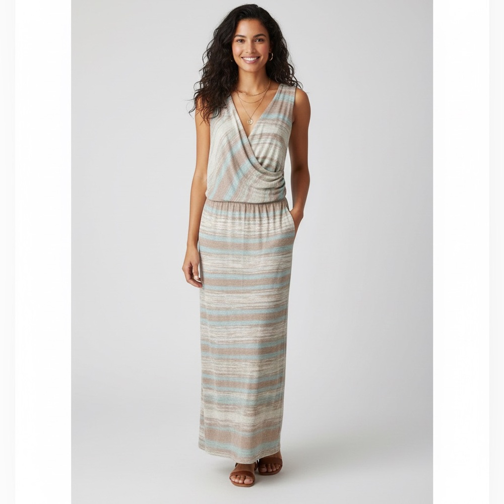 Tommy‎ Bahama Stripe Surplice Maxi Dress Blue Brown Metallic Size Large